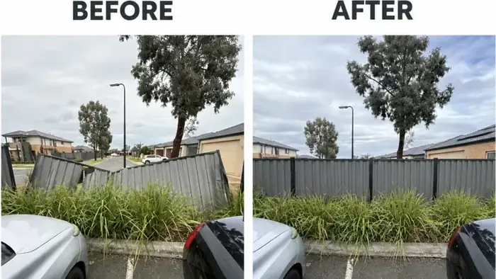 Before and after of a Colorbond boundary fence repair — panels crushed by a vehicle replaced with straight new Colorbond panels