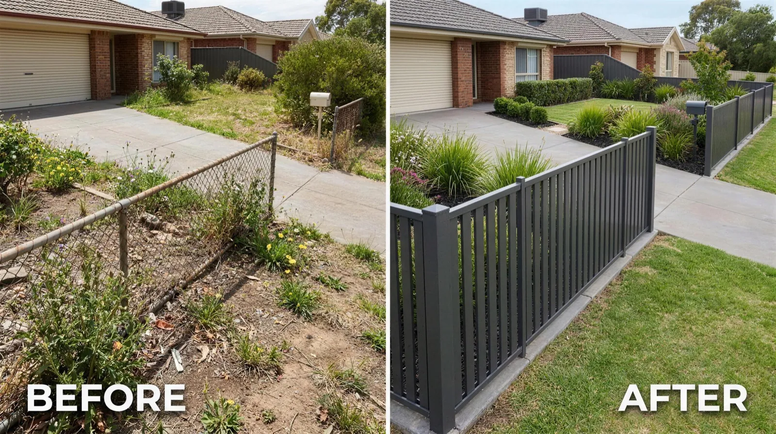 Before and after of a front yard aluminium tubular fence in Mickleham — old chain wire replaced with charcoal aluminium and fresh landscaping