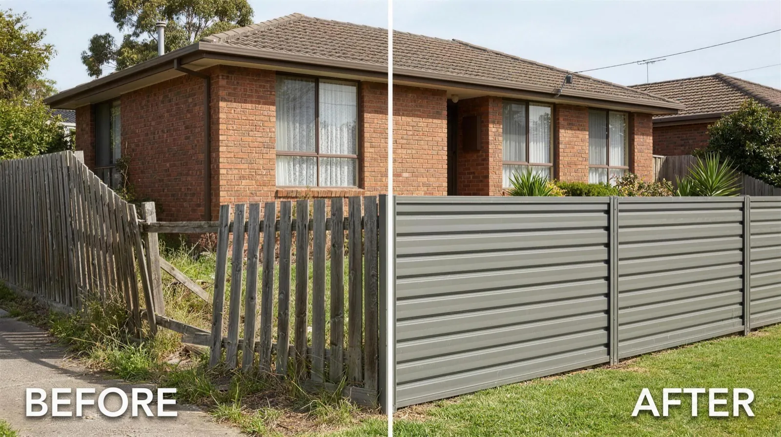 Before and after of a front yard aluminium tubular fence in Kalkallo — old chain wire replaced with charcoal aluminium and fresh landscaping