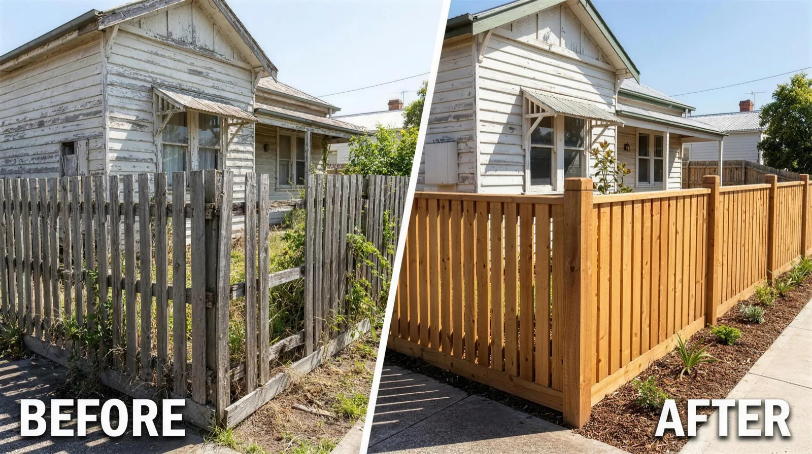 Before and after of a timber paling boundary fence in Donnybrook — weathered paling replaced with fresh treated pine