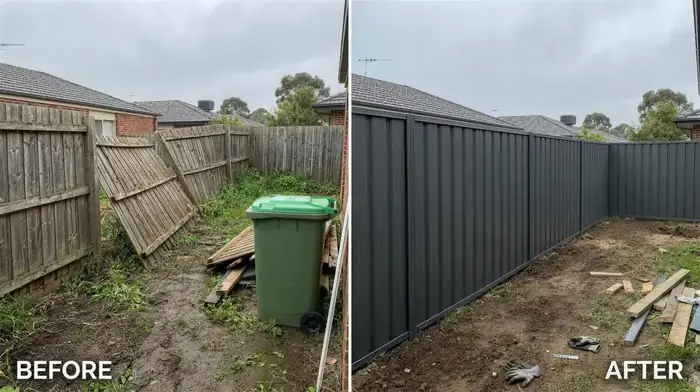 Before and after of a Colorbond fence install in Craigieburn — old timber paling replaced with horizontal Colorbond steel panels