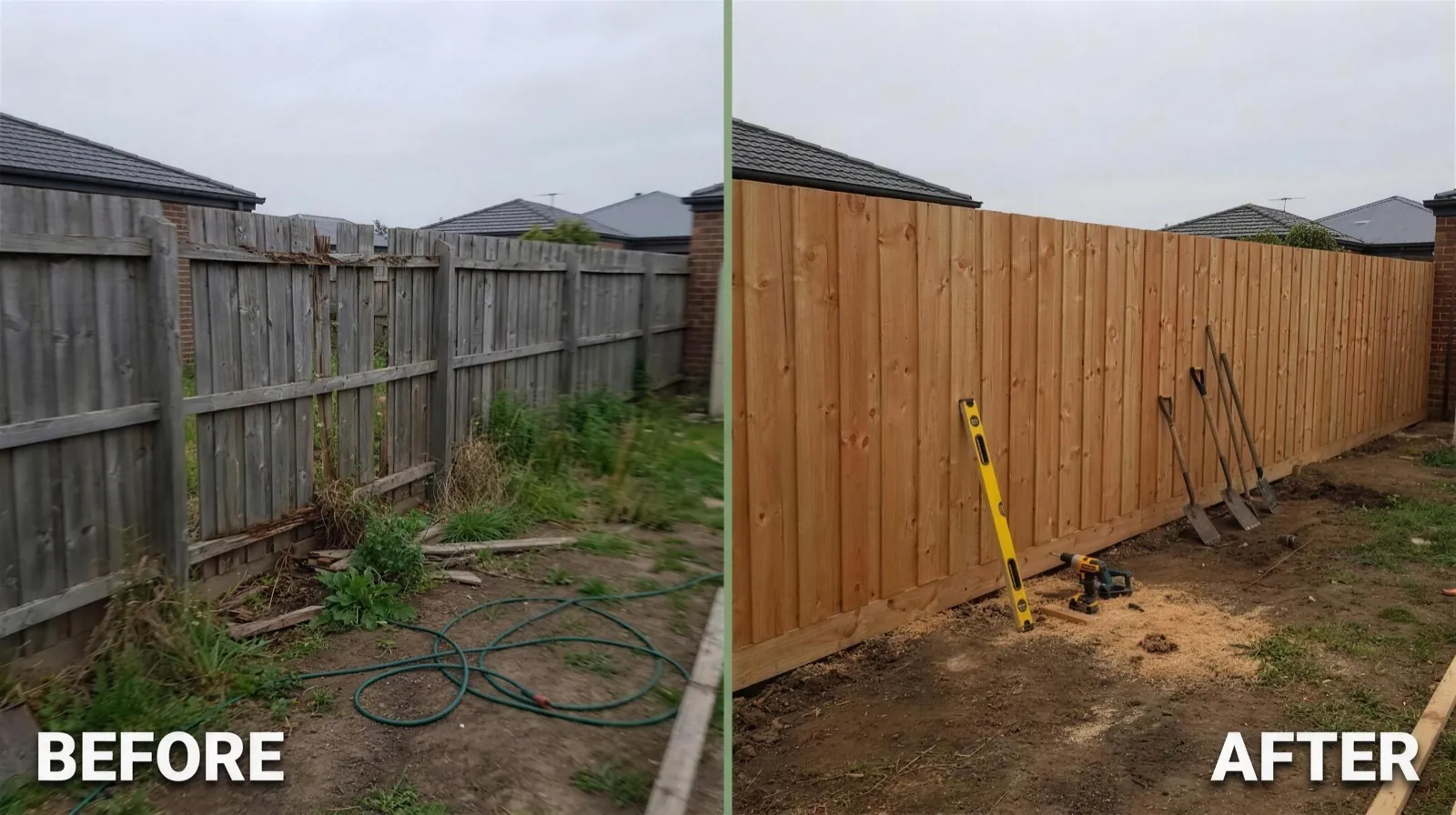 Before and after of a backyard timber paling fence in Wallan